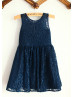 Navy Blue Lace Slit Back Knee Length Flower Girl Dress